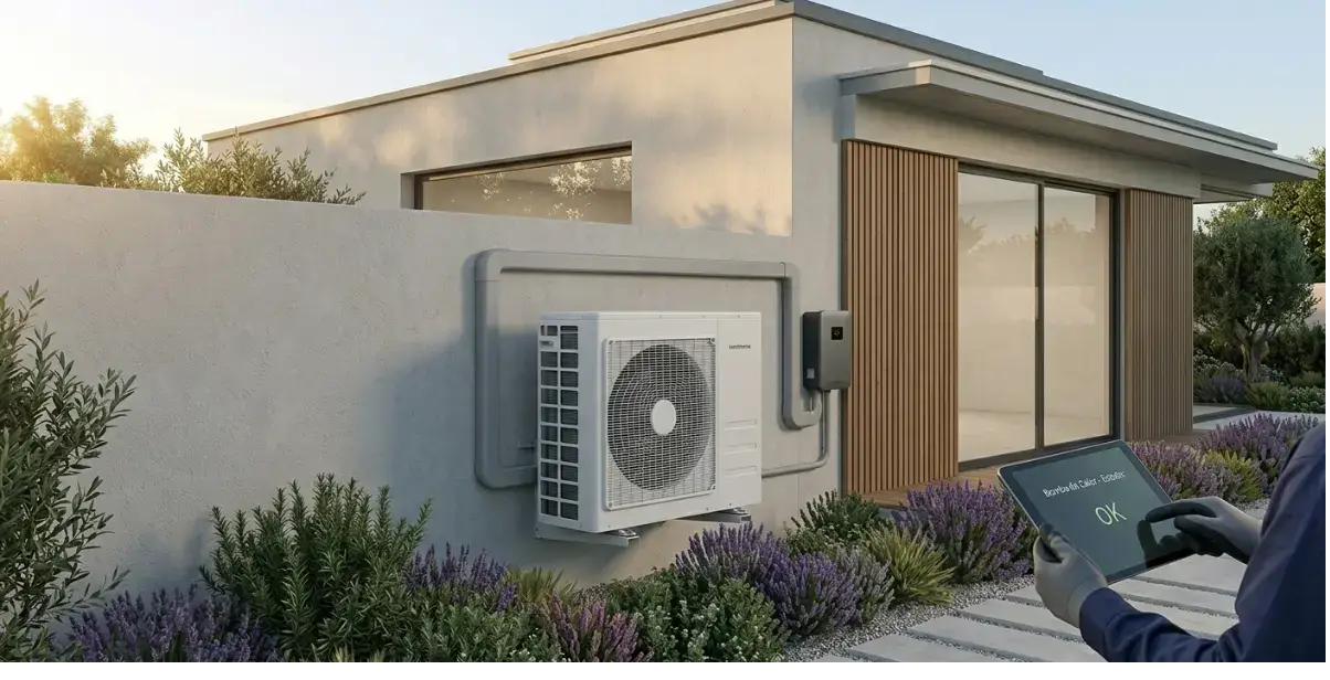 Bomba de calor exterior de aerotermia instalada en vivienda