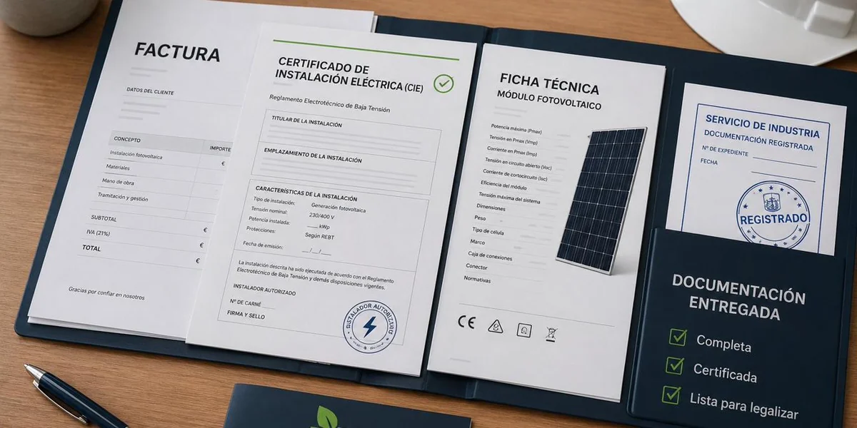 Documentación profesional incluida en el precio de una instalación de placas solares: factura, certificado CIE, ficha técnica del módulo y registro autonómico