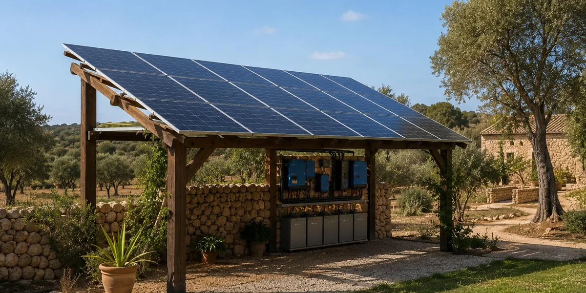 Pérgola solar fotovoltaica en finca rústica de Mallorca con muro de piedra tradicional
