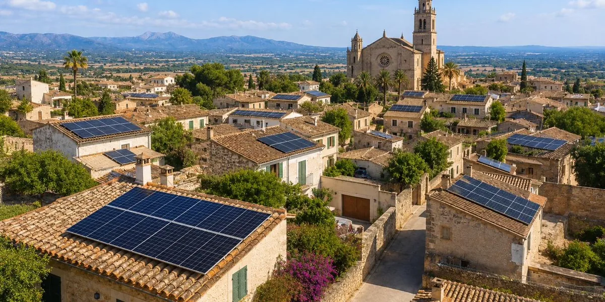 Pueblo de Mallorca con múltiples viviendas con placas solares instaladas, ejemplo de transición energética en municipios
