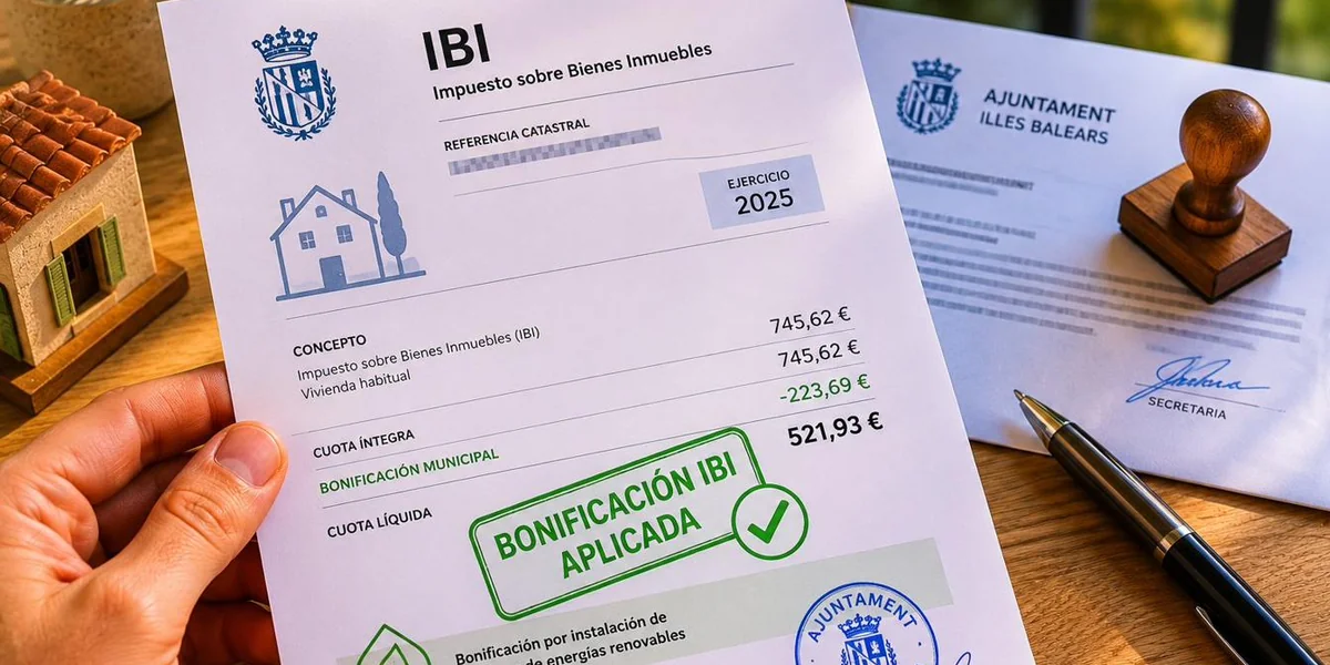Recibo del IBI con bonificación municipal aplicada por instalación de placas solares en Mallorca
