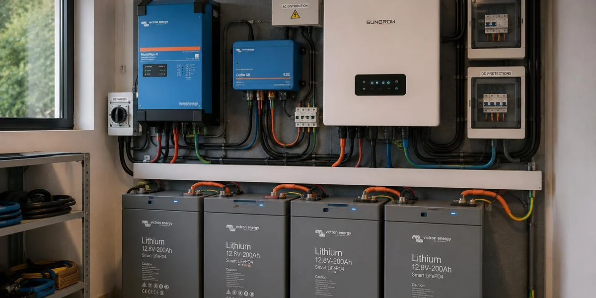 Sala técnica con baterías de litio Victron LiFePO4, inversor cargador Sungrow y protecciones AC/DC en instalación fotovoltaica aislada