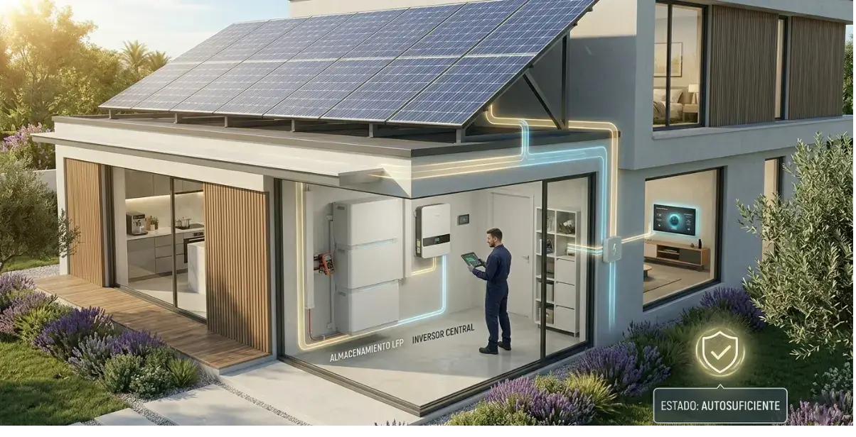 Sistema fotovoltaico completo con paneles y batería en vivienda residencial