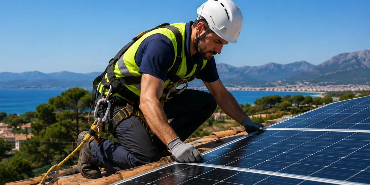 Técnico instalando placas solares en tejado de vivienda mallorquina